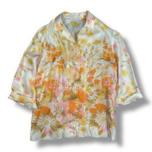 Vtg Retro Alex Coleman Colorful Floral Blouse 60s 70s Yellow Flowers Satin 40”B